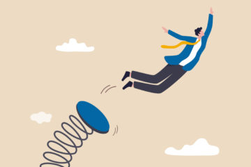 Illustration eines Mannes, der mithilfe einer Sprungfeder Richtung Himmel springt.