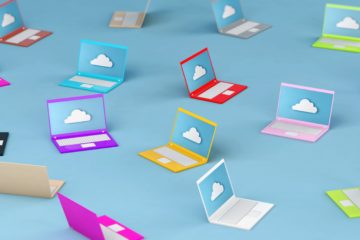 Die Illustration zeigt viele bunte Laptops mit jeweils einem Cloud-Symbol auf dem Bildschirm.